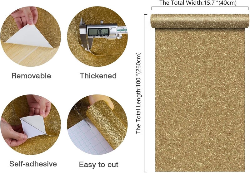 CHIHUT Champagne Gold Glitter Contact Paper Peel and Stick Wallpaper Sparkle Glitter Removable Self Adhesive Wallpaper Textured Fabric Wall Paper Roll for Bedroom Walls Cabinets Dresser 15.7''x100'' - Image 2